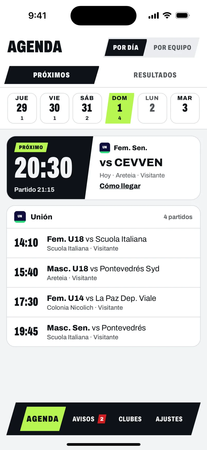 Agenda de la app con los partidos del domingo de Unión