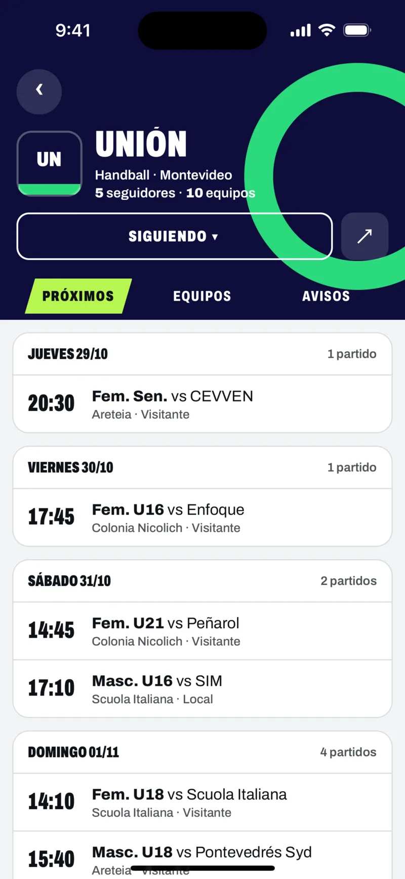 Página de Unión en la app con sus próximos partidos